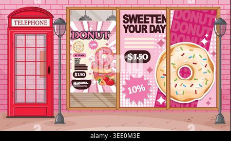 Flat vector illustration of a pink donut shop storefront beside a classic red telephone booth Stock Vector