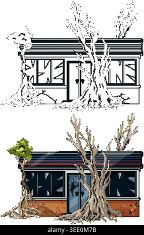Detailed abandoned storefront vector with encroaching tree roots, broken windows, flat colors, clean outlines Stock Vector