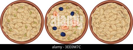 Top-down vector illustration of three oatmeal bowls with seeds, strawberries, and blueberries. Stock Vector