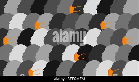 Crowd of Grayscale Silhouette Heads with Some Wearing Orange Face Masks Stock Vector