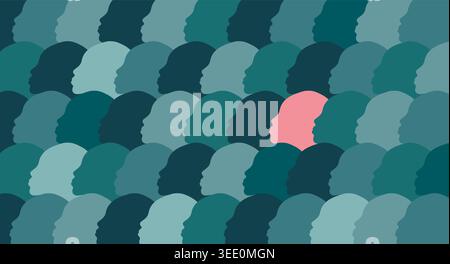Single Pink Silhouette Head Standing Out in Teal Crowd Concept Stock Vector