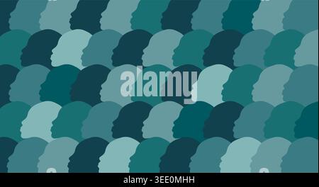 Abstract Teal Blue Human Head Silhouettes Crowd Background Stock Vector