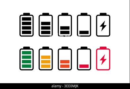 Black and Colorful Battery Charge Level Indicator Set Stock Vector