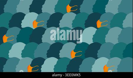 Teal Crowd of Silhouette Heads with Several Orange Face Masks Stock Vector