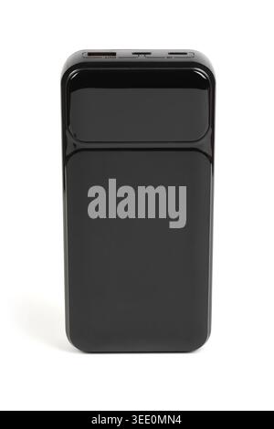 Flat lay top-down view of a rectangular black power bank. Clean and simple external battery isolated on a white background. Stock Photo
