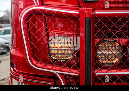 Riga, Latvia - April 24, 2026: Close-up view of Scania 770S Sulinko truck showing LED headlights at motorshow Stock Photo