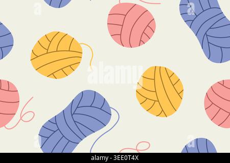seamless pattern with balls of yarn, repeating textile craft background with wool skeins and knitting theme- vector illustration Stock Vector