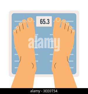 standing on bathroom scale, measuring body weight, bathroom, fitness, and health concept- vector illustration Stock Vector