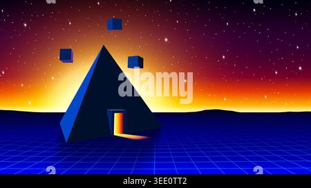 Surreal retrowave or synthwave pyramid with glowing entrance portal and floating cubes on neon grid landscape Stock Vector