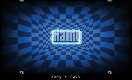 Abstract 3D checkered tunnel leading to a bright neon portal with a cosmic starry view in deep space Stock Vector