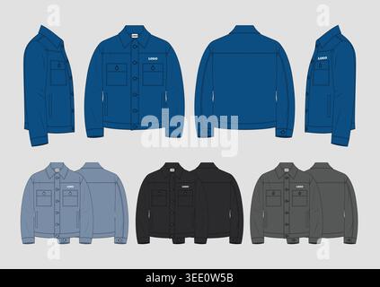 Vector Illustration of a Classic Denim Jacket Technical Sketch in Four Color Options for Apparel Production Stock Vector
