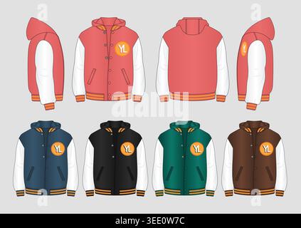 Hooded Varsity Jacket Mockup Set with Multiple Color Combinations for Apparel Design Stock Vector