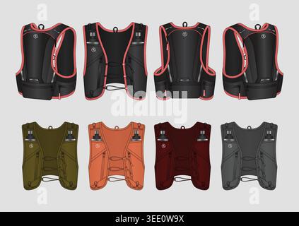 Vector Illustration of a Performance Running Vest Design with Multi-Angle Views for Apparel Production Stock Vector