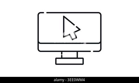 Desktop computer with mouse cursor icon: PC workstation with arrow pointer on screen, minimalist black line art vector illustration. Stock Vector