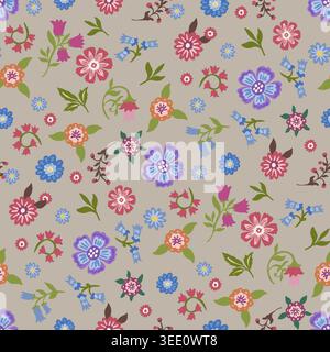 Grey Ditsy Folk Floral Botanical Pattern Stock Vector