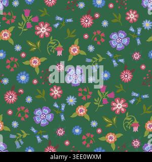 Green Ditsy Folk Floral Botanical Pattern Stock Vector