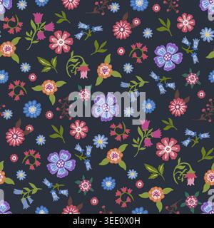 Navy Ditsy Folk Floral Botanical Pattern Stock Vector