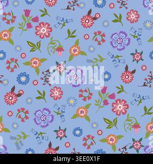 Light Blue Ditsy Folk Floral Pattern Stock Vector