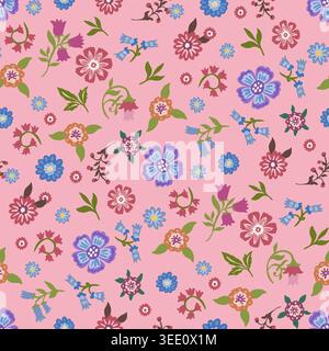 Pink Ditsy Folk Floral Botanical Pattern Stock Vector