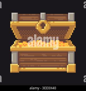 Pixel open treasure chest with gold coins Stock Vector