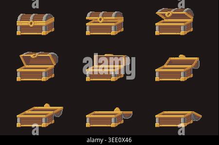 Pixel treasure chest opening frames animation set Stock Vector