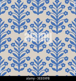 Beige Blue Folk Floral Branch Pattern Stock Vector