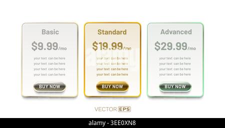 Sleek pricing tables with Basic, Standard, and Advanced subscription plans, a modern UI element. Vector illustration. Stock Vector