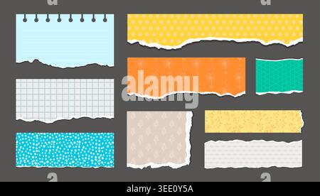 Collection of ripped notebook paper and scrapbook elements. Jagged torn paper edges. Set of ealistic strips torn edges and damaged border frames.  Stock Vector