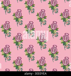 Pastel Pink Folk Pomegranate Floral Pattern Stock Vector