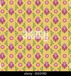 Yellow Pink Vertical Folk Floral Stripes Stock Vector
