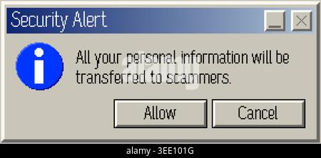 Funny pixel security alert popup warning about scammers, retro vector illustration Stock Vector