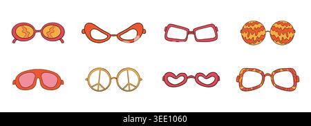Retro groovy sunglasses funky trippy disco glasses with rainbow, lines and waves in shape of heart, hippy peace sign set. 70s Y2k vibe groovy elements. . Vector illustration Stock Vector
