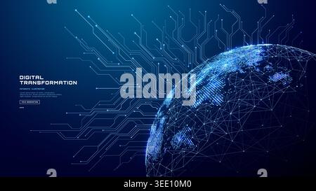 Abstract digital Globe Earth hologram and circuit board lines and dots Stock Vector