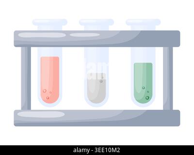 Flat design illustration of three glass test tubes in a grey metal rack filled with pink, grey and green colored liquid, isolated on white background, Stock Vector