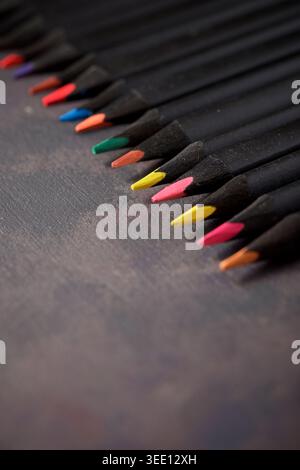 Pencils group on a wood table. Stock Photo