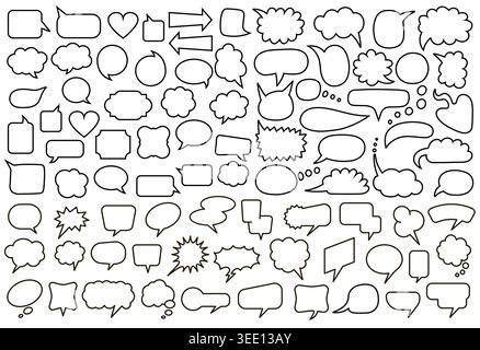 Comic speech bubbles. Dialog clouds and arrows for social media meme templates and chatbot UI designs. Hand drawn elements of contour badges. Text Stock Vector