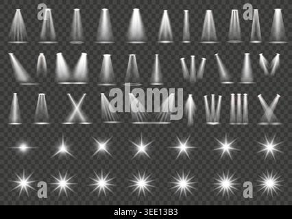Glowing spotlight beams and sparkling flashes star shaped effect isolated on transparent background. Spotlight rays. Realistic vector set of lighting Stock Vector