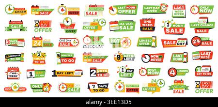 Sale and discount set with urgent countdown timers and price tags for ecommerce banner templates, retail marketing apps. Vector pack of hot deal Stock Vector