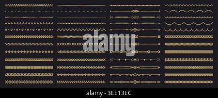 Decorative geometric golden line borders. Ornamental divider set with gold gradient flourishes and geometric motifs. Vector linear pack of vintage Stock Vector