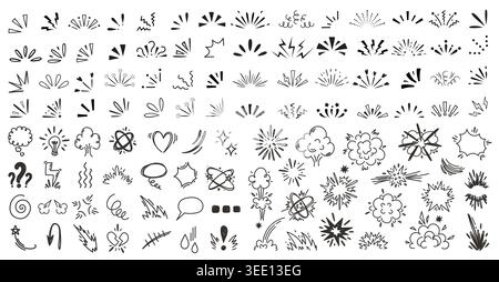 Comic doodle explosion bursts and zap sparks for cartoon meme templates, chat stickers or web UI decoration. Vector set of monochrome effects for Stock Vector