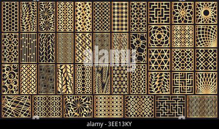 Geometric set of black and golden patterns. Lattice pattern with gold arabesque panels and swirls for invitation cards, decorative backgrounds and Stock Vector
