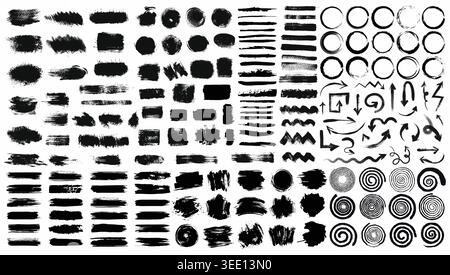 Brush stroke with ink splatters and paint smears. Grunge brush strokes and texture imitating dirty ink. Hand drawn vector set textured brush blots for Stock Vector
