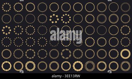 Circle wreaths with gold stars, glitter laurel borders and braided ropes on black background. Vector set of stardust wreaths for luxury award seals Stock Vector