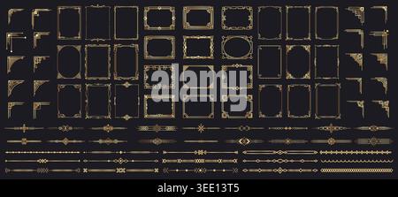Golden frame border set with filigree corners and linear flourishes on black background. Vintage gold vector set of ornate calligraphy frames Stock Vector