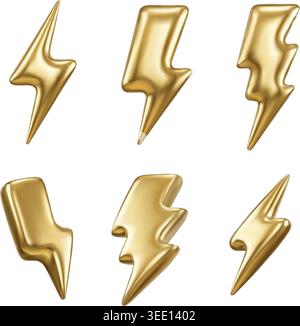 3D lightning bolt badge with golden gradient and electric spark for gaming app alerts, esports logo stickers, and power charger or web UI design Stock Vector
