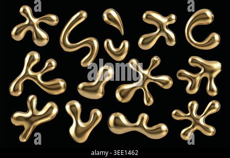 Golden liquid chrome with blobs metallic 3d and fluid blob set. Drop splash organic with amorphous shape vector and gold glossy droplet. Metal shiny Stock Vector