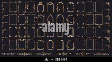 Vintage golden calligraphic frames with filigree arches and floral corners on black background. Vector set of ornate portals calligraphy frame Stock Vector