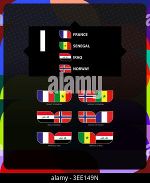 Group I of football tournament, France, Senegal, Iraq, Norway flags and match icon set. Vector collection. Stock Vector
