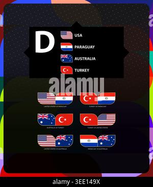 Group D of football tournament, USA, Paraguay, Australia, Turkey flags and match icon set. Vector collection. Stock Vector