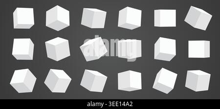Cubes 3d shape with boxes geometric set for cube box rotation. Angles vector perspective with shadow simple white for modern math logic. Education Stock Vector